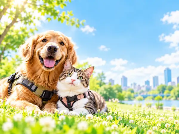 青空の公園で寄り添う犬と猫
